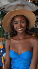 Wall Mural - Beautiful Woman in Straw Hat Smiling on Beach in Summer Fashion