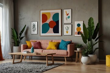 Wall Mural - Modern and colorful interior of living room with design boucle sofa, mock up poster, shelf, plants, decorations and personal stuff.