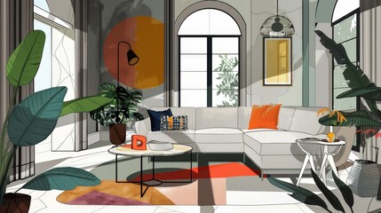 Wall Mural - Create a detailed sketch of a stylish living room featuring a contemporary sofa, a round coffee table, and a colorful rug