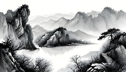 The quiet mountain ink paintings show the beautiful scenery of mountains, lakes and ancient buildings.