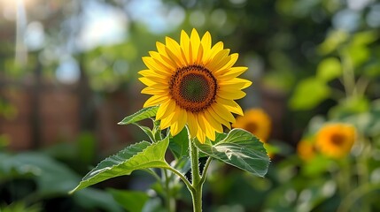 A panoramic view of a sunflower plant in its mid-growth stage, strong stem, larger leaves, slightly cloudy sky, garden fence in the background, vibrant and healthy, hd quality, natural look.