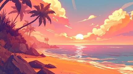 Wall Mural - sunset at the beach anime style