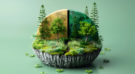 3D Illustration of a Miniature Forest on a Stone Sphere