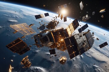 Wall Mural - 3D illustration of Space debris, junk and satellites in orbit planet Earth. 