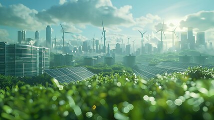 A wide-angle shot of a city powered by renewable energy in the 2040s, solar panels on buildings, wind turbines in the background, smart grid technology, green and sustainable urban environment,