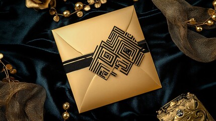 Art Deco wedding invitation mockup on metallic gold paper, with black and gold geometric patterns, placed on a black velvet fabric with gold accessories