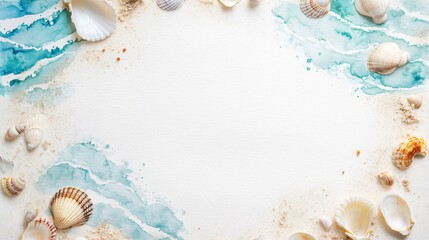 Beach wedding invitation mockup on textured white paper, featuring watercolor waves and seashells, surrounded by sand and small shells