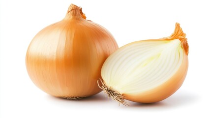 Whole and Halved Yellow Onion Isolated on White Background