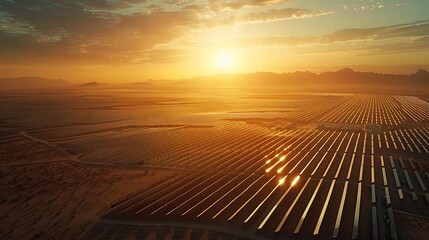 Aerial perspective of a massive solar power plant in the 2040s, vast array of solar panels in the desert, efficient and large-scale energy production, bright and sunny day,