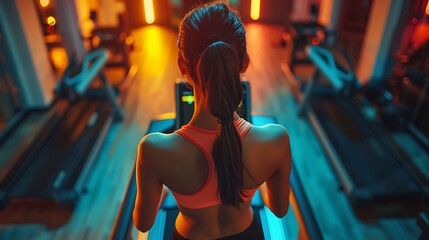 Aerial perspective of an individual engaging in a cardio workout after one month of training, improved posture, treadmill and gym equipment in the background, vibrant lighting, hd quality,