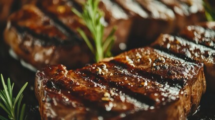 succulent grilled meat closeup rich textures and char marks on pristine white