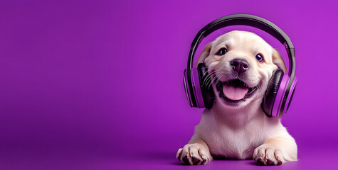 Sticker - Happy puppy in headphones on a purple background. 