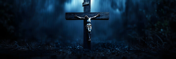 Poster - wood jesus cross, dark black blue horror night background, scary haunted thriller theme, good friday, 