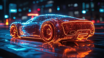 A glowing night scene with vibrant streetlights and a sleek, fast red sports car speeding down the road The car exudes luxury and power, captured in a dynamic and colorful cartoon-style illustration