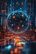 © Creative_Bringer - Glowing digital globe, neon lights, futuristic data center, reflective surfaces