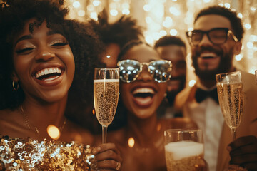 Wall Mural - Happy smiling group of mixed race young people holing champagne glasses, laughing and having fun at the disco club new year party