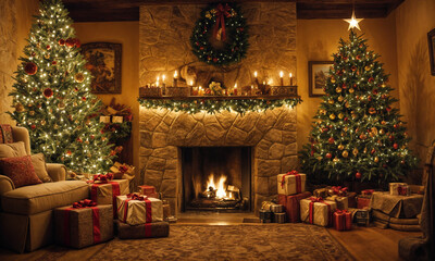 Wall Mural - Stylish living room interior with beautiful fireplace, Christmas tree and other decorations at night