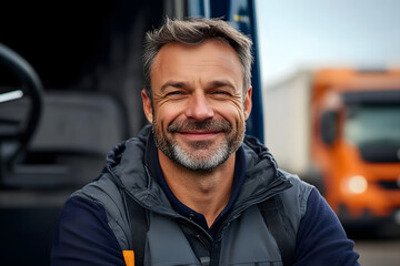 Business distribution and fast safe logistics Active happy adult man. Close-up portrait of male truck driver in front of van smiling to camera with transport on background