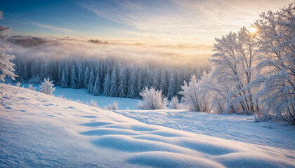 Aurora borealis over the frosty forest. Green northern lights above mountains. Night nature landscape with polar lights. Night winter landscape with aurora. Creative image. winter holiday concept.
