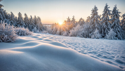 Aurora borealis over the frosty forest. Green northern lights above mountains. Night nature landscape with polar lights. Night winter landscape with aurora. Creative image. winter holiday concept.