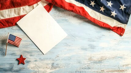 Wall Mural - Patriotic flat lay with American flag, small flag, and star on a blue wooden surface. Ideal for 4th of July or Independence Day themes.