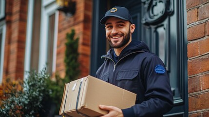 A professional courier in a uniform delivers a package at a front door with a welcoming smile