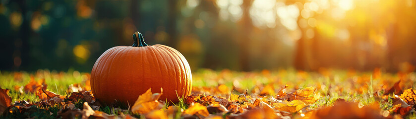 Autumn scene with a pumpkin on a field of fallen leaves during golden hour, capturing the essence of fall's warm colors and seasonal beauty.