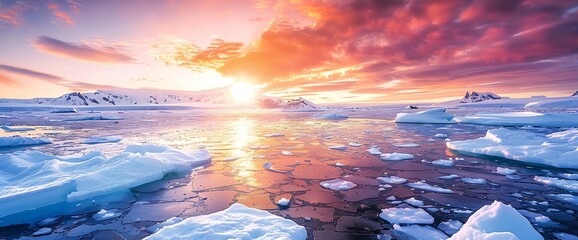 Sticker - A stunning sunrise over a frozen sea with ice floes and dramatic clouds.