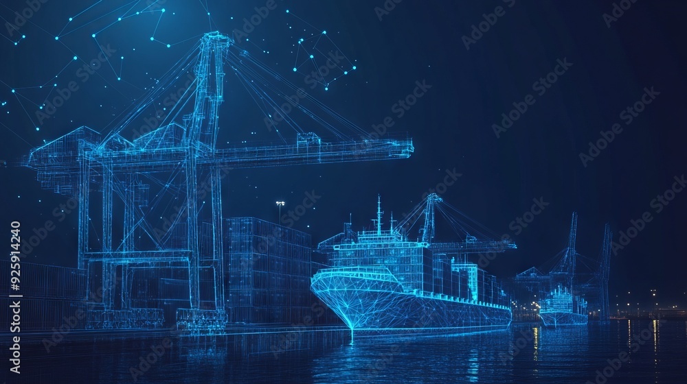 Trade port low poly wireframe banner template. Digital vector cargo ...