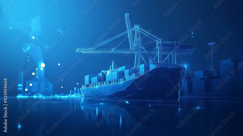 Trade port low poly wireframe banner template. Digital vector cargo ...