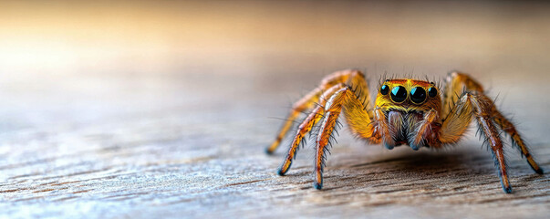 Close-up of a colorful jumping spider on a wooden surface. Macro photography highlights the spider's vibrant colors and intricate details.