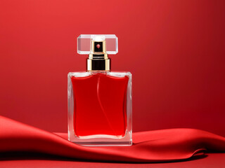 Glass perfume bottle in red for product image. Stylish parfume banner