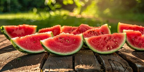 Wall Mural - Deliciously cut watermelon displayed on an outdoor table showcases a picture of freshly sliced watermelon pieces arranged in a natural setting.