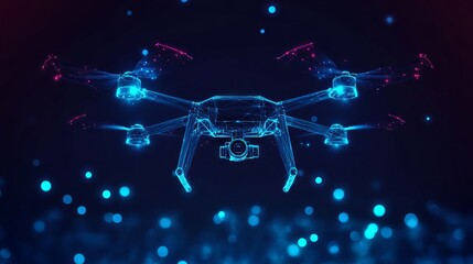 Digital vector 3d illustration of drone with camera in dark blue. Drone videography, aerial photography, modern technology concept. Abstract low poly quadcopter with dots, lines, stars and particles 