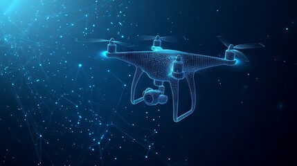 Digital vector 3d illustration of drone with camera in dark blue. Drone videography, aerial photography, modern technology concept. Abstract low poly quadcopter with dots, lines, stars and particles 