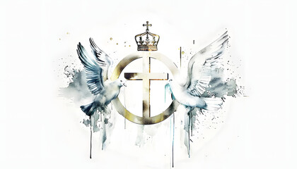 Holy Trinity symbols. Cross, crown and dove of Holy Spirit. Watercolor christian symbols against white background. Vector illustration.