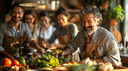 Lively cooking class with friends preparing healthy dishes together