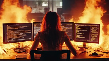 Wall Mural - A woman sitting at a desk with multiple computer screens on fire, coding intensely while surrounded by flames. Stressful work environment.