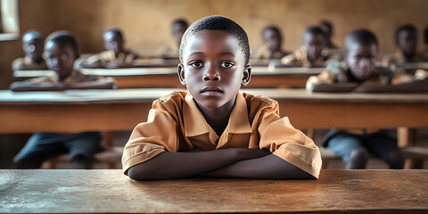 Wall Mural - Portrait of a serious African elementary school young boy in uniform sitting in an ordinary classroom in an African rural village school. Availability of education in Third World countries concept