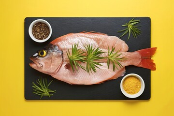 Wall Mural - raw fish with spice on black board on yellow background