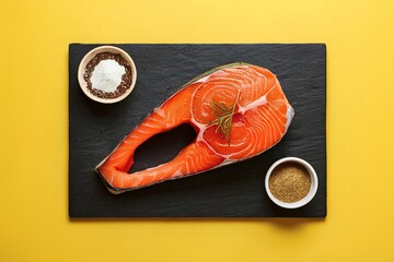 Wall Mural - raw salmon steak with spice on the black board on yellow background