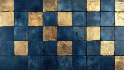 Wall Mural - Checkerboard pattern of gold and blue tiles.