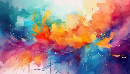 Wall Mural - A vibrant abstract background featuring splashes of watercolor in bright, overlapping hues, creating a lively and artistic feel