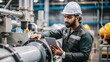 © N7 - An Indian technician examining and maintaining industrial equipment in a factory.