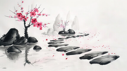 Wall Mural - Sumi-e ink painting capturing the serene beauty of a traditional Japanese