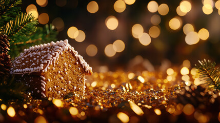 Festive gingerbread house with holiday lights and decorations, creating a warm and cozy Christmas atmosphere.