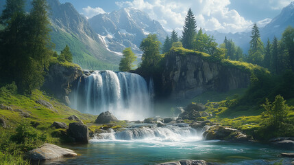 Swiss Waterfall Scenery: Stunning Natural Landscape, Perfect Harmony of Snowy Mountains and Flowing Water