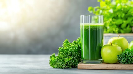 Glass of green smoothie with kale and apples, healthy lifestyle concept