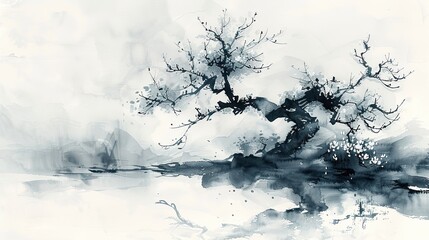 Wall Mural - Sumi-e ink painting capturing the serene beauty of a traditional Japanese