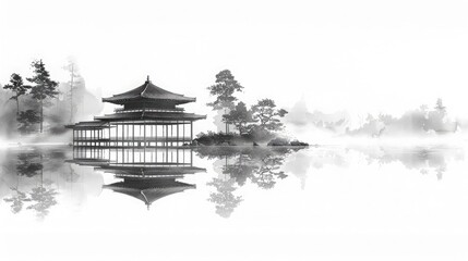 Wall Mural - Sumi-e ink painting capturing the serene beauty of a traditional Japanese